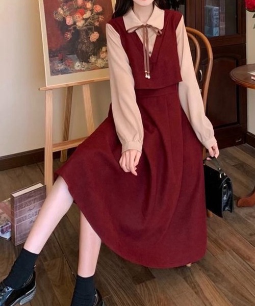 SHOUYO（ショウヨウ）の「レイヤード風ジャンパースカートワンピース（ワンピース・レディース・レッド/ブラック/ブラウン・M）」の7枚目の写真