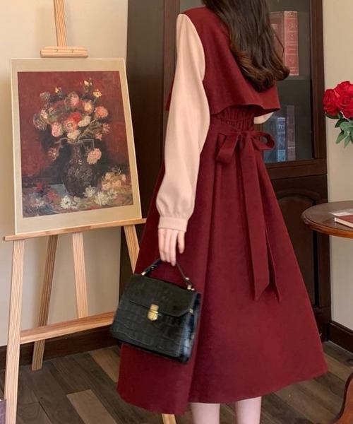 SHOUYO（ショウヨウ）の「レイヤード風ジャンパースカートワンピース（ワンピース・レディース・レッド/ブラック/ブラウン・M）」の9枚目の写真