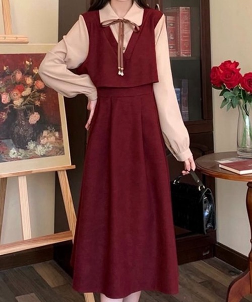 SHOUYO（ショウヨウ）の「レイヤード風ジャンパースカートワンピース（ワンピース・レディース・レッド/ブラック/ブラウン・M）」の13枚目の写真