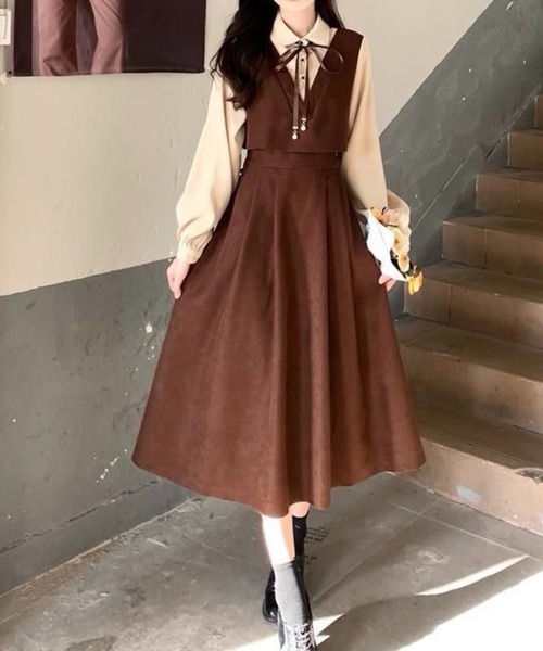 SHOUYO（ショウヨウ）の「レイヤード風ジャンパースカートワンピース（ワンピース・レディース・レッド/ブラック/ブラウン・M）」の18枚目の写真