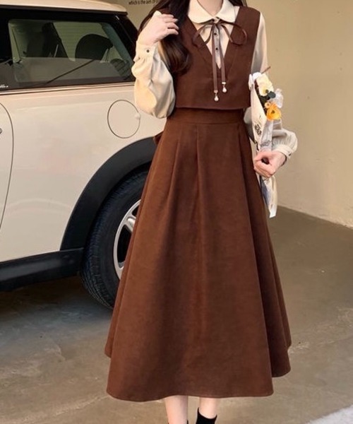 SHOUYO（ショウヨウ）の「レイヤード風ジャンパースカートワンピース（ワンピース・レディース・レッド/ブラック/ブラウン・M）」の22枚目の写真