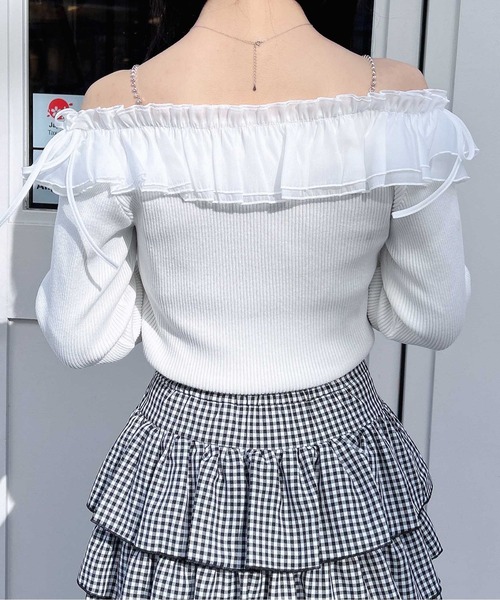 INGNI（イング）の「ラインストーンチェーンオフショルフリルニット（ニット/セーター・レディース・ブラック系9/グレー×ホワイト/ホワイト×ホワイト/ブラック×ホワイト・M）」の11枚目の写真