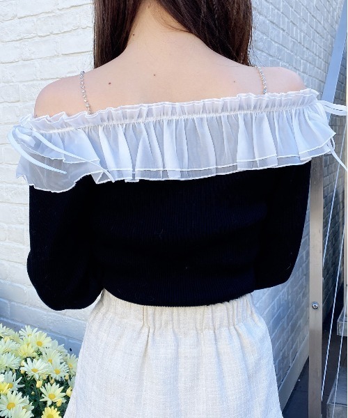 INGNI（イング）の「ラインストーンチェーンオフショルフリルニット（ニット/セーター・レディース・ブラック系9/グレー×ホワイト/ホワイト×ホワイト/ブラック×ホワイト・M）」の18枚目の写真