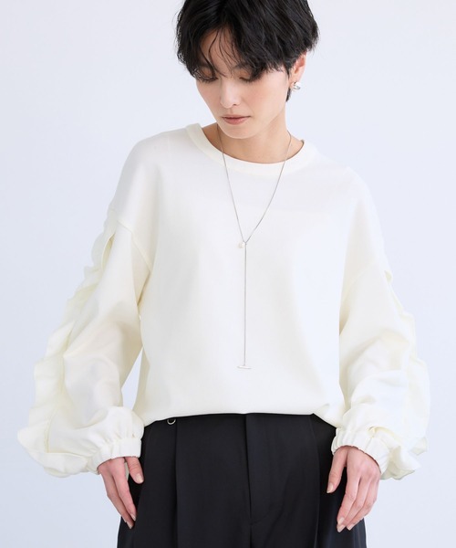 BARNYARDSTORM(バンヤードストーム)の「BARNYARDSTORM / 袖フリルブラウス / マシンウォッシャブル <セットアップ対応>(シャツ/ブラウス・レディース・ホワイト/ネイビー・FREE)」の2枚目の写真