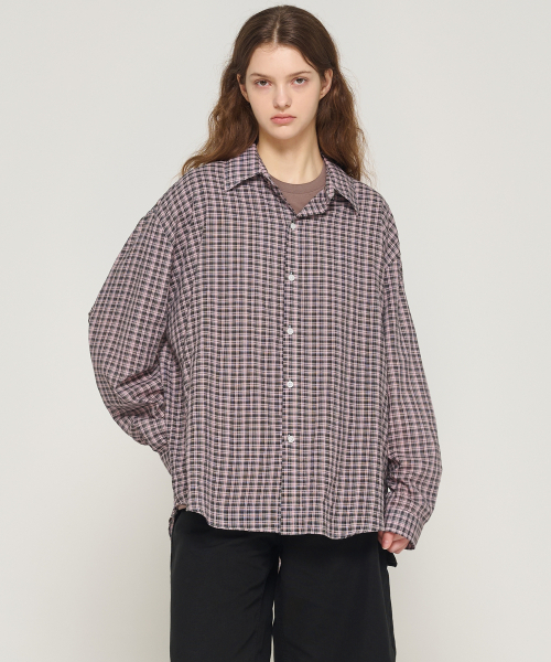 CARGOBROS FOR WOMAN(カーゴブロスフォーウィメン)の「シアサッカーオーバーサイズチェックシャツ(ピンク)(シャツ/ブラウス・レディース・その他・FREE)」の4枚目の写真