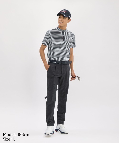 le coq sportif GOLF(ルコックスポルティフゴルフ)の「【le coq sportif GOLF】吸汗速乾/消臭/UV CUT(UPF30)/遮熱/ストレッチ ミニボーダー柄半袖ハーフジップシャツ ゴルフウェア(Tシャツ/カットソー・メンズ・ホワイト/ネイビー・3L/XL/L/M)」の4枚目の写真