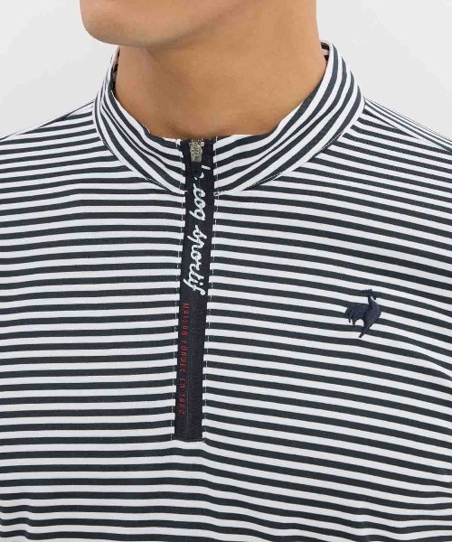 le coq sportif GOLF(ルコックスポルティフゴルフ)の「【le coq sportif GOLF】吸汗速乾/消臭/UV CUT(UPF30)/遮熱/ストレッチ ミニボーダー柄半袖ハーフジップシャツ ゴルフウェア(Tシャツ/カットソー・メンズ・ホワイト/ネイビー・3L/XL/L/M)」の6枚目の写真