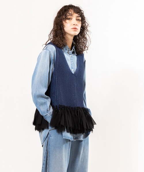 OSMOSIS（オズモーシス）の「フリンジヘムメッシュニットベスト（ベスト・レディース・ネイビー/ブラック/アイボリー・ONE SIZE）」の3枚目の写真