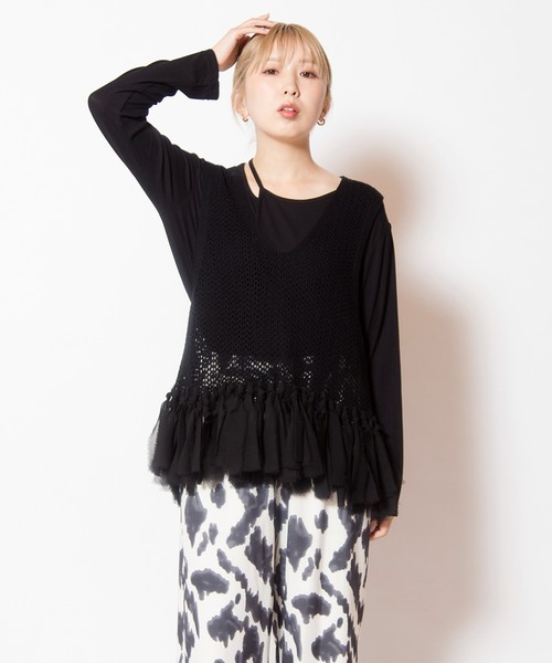 OSMOSIS（オズモーシス）の「フリンジヘムメッシュニットベスト（ベスト・レディース・ネイビー/ブラック/アイボリー・ONE SIZE）」の2枚目の写真