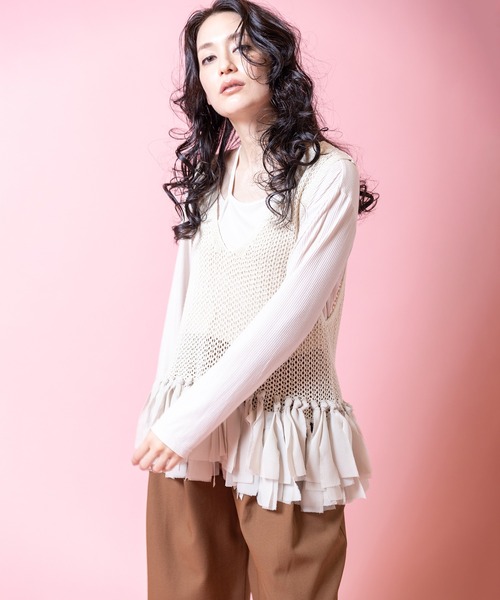 OSMOSIS（オズモーシス）の「フリンジヘムメッシュニットベスト（ベスト・レディース・ネイビー/ブラック/アイボリー・ONE SIZE）」の6枚目の写真