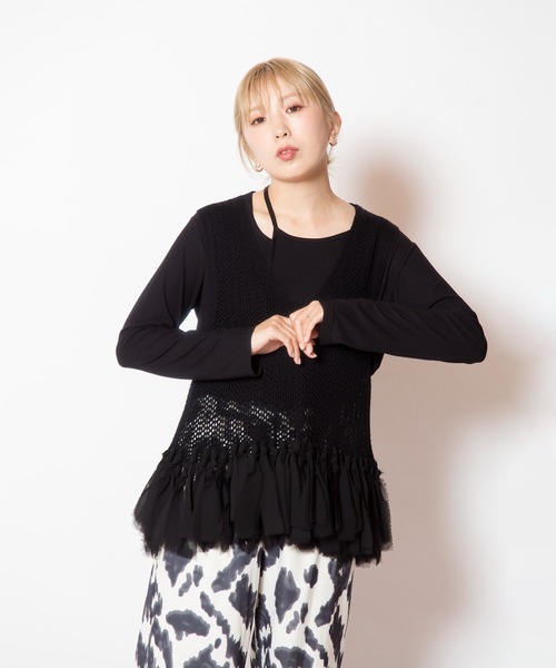 OSMOSIS（オズモーシス）の「フリンジヘムメッシュニットベスト（ベスト・レディース・ネイビー/ブラック/アイボリー・ONE SIZE）」の18枚目の写真