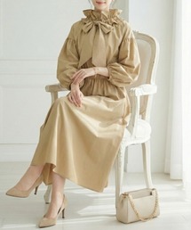 CHhdmn（シーエイチヒデモン）の「ボウタイロングワンピース ギャザーネック ボリュームスリーブ フレアワンピース レディース（ワンピース）」