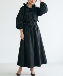 CHhdmn（シーエイチヒデモン）の「ボウタイロングワンピース ギャザーネック ボリュームスリーブ フレアワンピース レディース（ワンピース）」