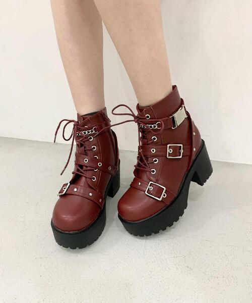 cs T&P(シーエスティーアンドピー)の「厚底ベルト付きブーツ(ブーツ・レディース・ブラック/ピンク系/ワインレッド・M/S/XL/LL/L)」の3枚目の写真