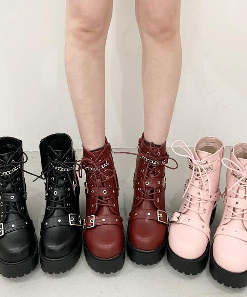 cs T&P(シーエスティーアンドピー)の「厚底ベルト付きブーツ(ブーツ・レディース・ブラック/ピンク系/ワインレッド・M/S/XL/LL/L)」の4枚目の写真