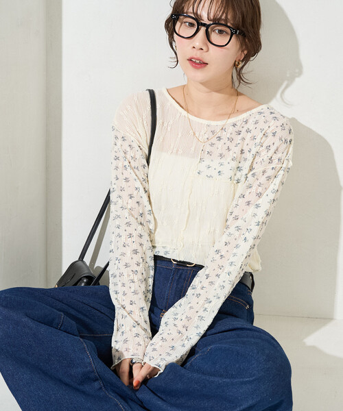 限定展開 小花柄 プリント パッチワーク レース トップス（Tシャツ