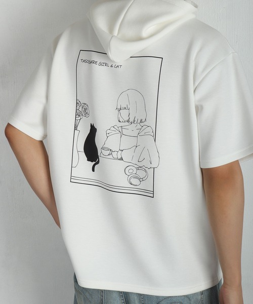 WESTSEA(ウエストシー)の「TASOGARE GIRL / 黄昏ガール ポンチ素材 バックプリント × ワンポイント刺繍 半袖 プルパーカー オーバーサイズ 接触冷感 猫 バラ(パーカー・メンズ・ライトグレー/ホワイト/ブラック・L/M)」の2枚目の写真