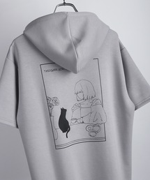 TASOGARE GIRL / 黄昏ガール ポンチ素材 バックプリント × ワンポイント刺繍 半袖 プルパーカー オーバーサイズ 接触冷感 猫 バラ