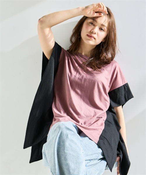 SMILE LAND（スマイルランド）の「＜大きいサイズ＞美ラクRUタッチ配色プルオーバー（接触冷感・抗菌防臭・UVカット・遮熱）（Tシャツ/カットソー・レディース・カーキ系/ブラック系/プラム・5L～6L/3L～4L/L～LL）」の9枚目の写真