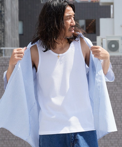 ROOPTOKYO（ループトウキョウ）の「ワッフル生地タンクトップ 無地 ノースリーブ 2026年 夏 夏服（タンクトップ・メンズ・ホワイト/ブラック・S/M/L）」の8枚目の写真