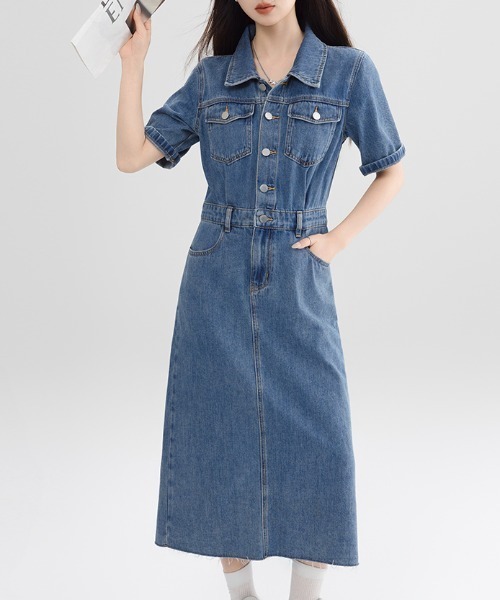 AMAJI(アマジ)の「デニムワンピース 半袖 ロング丈(ワンピース・レディース・ブルー・SMALL/MEDIUM/LARGE)」の1枚目の写真