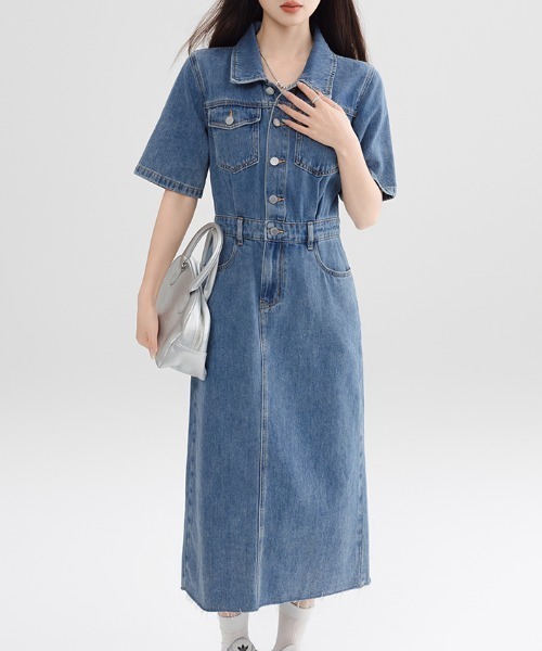 AMAJI(アマジ)の「デニムワンピース 半袖 ロング丈(ワンピース・レディース・ブルー・SMALL/MEDIUM/LARGE)」の2枚目の写真