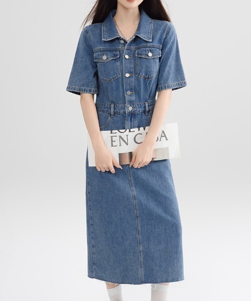 AMAJI(アマジ)の「デニムワンピース 半袖 ロング丈(ワンピース・レディース・ブルー・SMALL/MEDIUM/LARGE)」の3枚目の写真