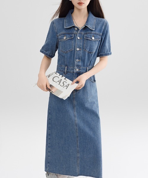 AMAJI(アマジ)の「デニムワンピース 半袖 ロング丈(ワンピース・レディース・ブルー・SMALL/MEDIUM/LARGE)」の4枚目の写真