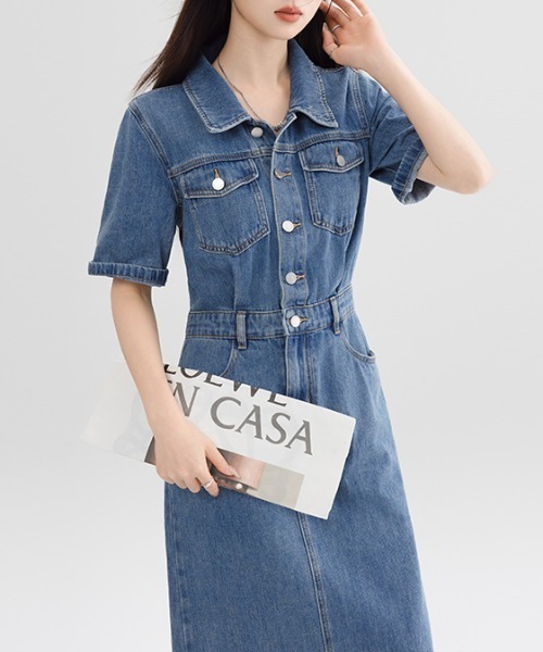 AMAJI(アマジ)の「デニムワンピース 半袖 ロング丈(ワンピース・レディース・ブルー・SMALL/MEDIUM/LARGE)」の5枚目の写真