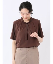 m.f.editorial | 【綺麗目 ストレッチ Tブラウス】m.f.エディトリアル レディース 袖布帛 ボウタイ付き 半袖 プルオーバー(Tシャツ/カットソー)