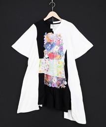 ScoLar(スカラー) モノクロワールド柄 配色素材切替 アシメチュニック