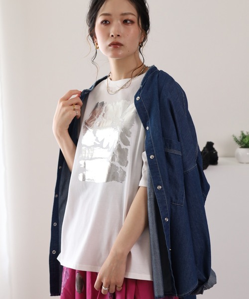 BARNDOOR（バーンドア）の「20/-天竺 はなプリントTシャツ 26SS 半袖（Tシャツ/カットソー・レディース・ブラック系1/グレー系1/ホワイト系1・FREE）」の5枚目の写真