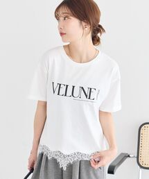 裾レースロゴプリントTシャツ