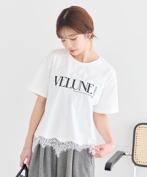 earth music&ecology(アースミュージックアンドエコロジー)の「裾レースロゴプリントTシャツ(Tシャツ/カットソー・レディース・ホワイト×ブラック/オフホワイト/ブラック・FREE)」の10枚目の写真