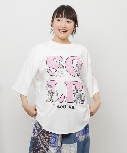 ScoLar(スカラー)の「162729:ドットスカラー わんにゃん柄Tシャツ(Tシャツ/カットソー・レディース・オフホワイト/チャコールグレー/ブラック・M)」の1枚目の写真