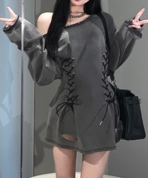 サイド&バック紐絞り ワンショルダーダメージ長袖ショートワンピース