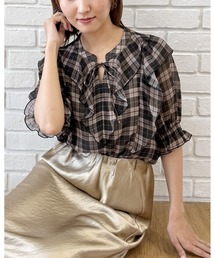 【楊柳シフォンで涼しく】フリルチェックブラウス