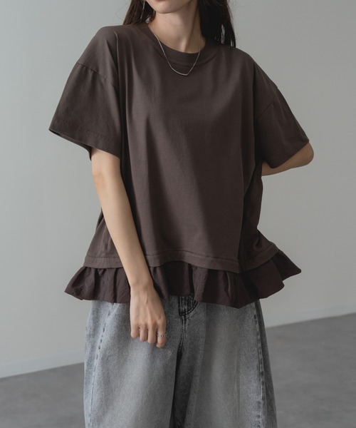 ANNA LUNA(アンナルナ)の「【ANNA LUNA】1枚で 体型カバー & 着映え ! 裾フリル 切替 ワイド Tシャツ(Tシャツ/カットソー・レディース・ブラウン/ネイビー・MEDIUM)」の1枚目の写真