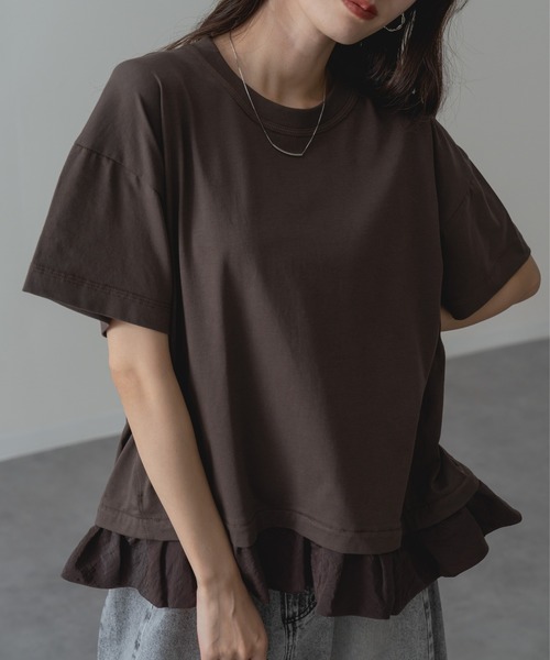 ANNA LUNA(アンナルナ)の「【ANNA LUNA】1枚で 体型カバー & 着映え ! 裾フリル 切替 ワイド Tシャツ(Tシャツ/カットソー・レディース・ブラウン/ネイビー・MEDIUM)」の3枚目の写真