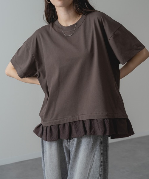 ANNA LUNA(アンナルナ)の「【ANNA LUNA】1枚で 体型カバー & 着映え ! 裾フリル 切替 ワイド Tシャツ(Tシャツ/カットソー・レディース・ブラウン/ネイビー・MEDIUM)」の4枚目の写真