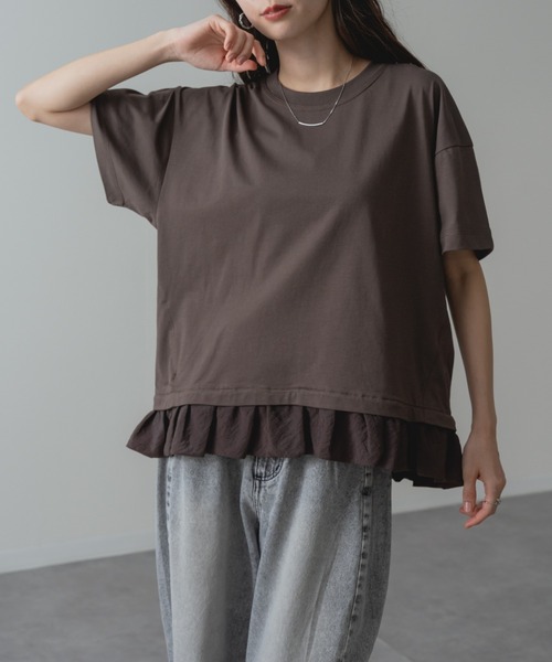ANNA LUNA(アンナルナ)の「【ANNA LUNA】1枚で 体型カバー & 着映え ! 裾フリル 切替 ワイド Tシャツ(Tシャツ/カットソー・レディース・ブラウン/ネイビー・MEDIUM)」の5枚目の写真