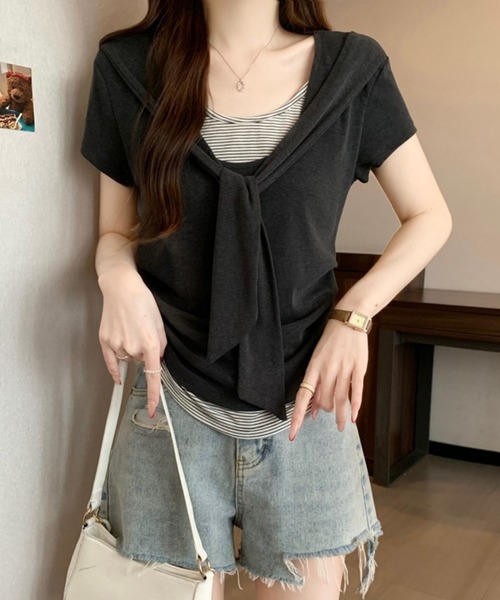 Girly Doll（ガーリードール）の「ショール風フェイクツーピースカットソー（Tシャツ/カットソー・レディース・ベージュ/ダークグレー・M/L）」の2枚目の写真
