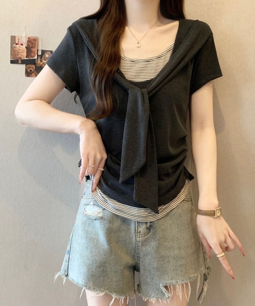 Girly Doll（ガーリードール）の「ショール風フェイクツーピースカットソー（Tシャツ/カットソー・レディース・ベージュ/ダークグレー・M/L）」の3枚目の写真