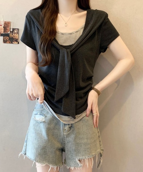 Girly Doll（ガーリードール）の「ショール風フェイクツーピースカットソー（Tシャツ/カットソー・レディース・ベージュ/ダークグレー・M/L）」の4枚目の写真
