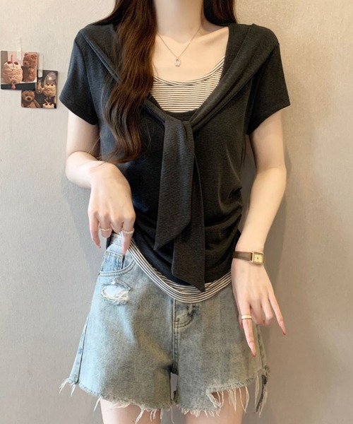 Girly Doll（ガーリードール）の「ショール風フェイクツーピースカットソー（Tシャツ/カットソー・レディース・ベージュ/ダークグレー・M/L）」の5枚目の写真