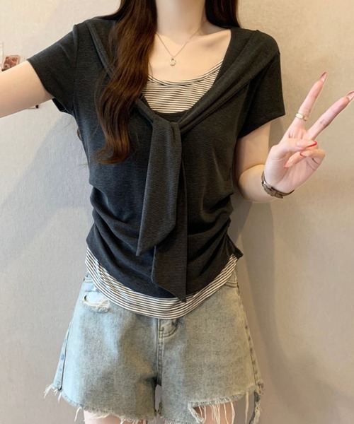 Girly Doll（ガーリードール）の「ショール風フェイクツーピースカットソー（Tシャツ/カットソー・レディース・ベージュ/ダークグレー・M/L）」の6枚目の写真