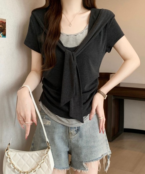 Girly Doll（ガーリードール）の「ショール風フェイクツーピースカットソー（Tシャツ/カットソー・レディース・ベージュ/ダークグレー・M/L）」の8枚目の写真