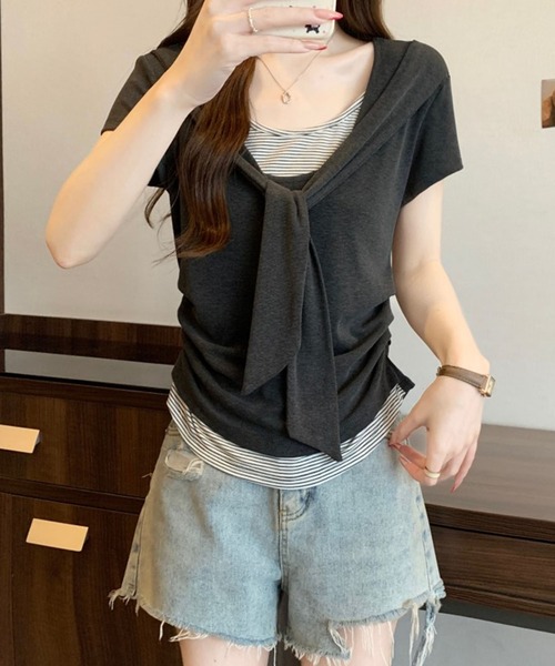 Girly Doll（ガーリードール）の「ショール風フェイクツーピースカットソー（Tシャツ/カットソー・レディース・ベージュ/ダークグレー・M/L）」の9枚目の写真