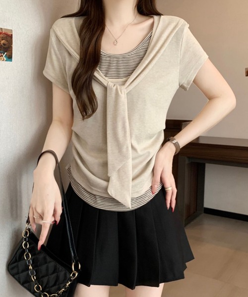 Girly Doll（ガーリードール）の「ショール風フェイクツーピースカットソー（Tシャツ/カットソー・レディース・ベージュ/ダークグレー・M/L）」の14枚目の写真
