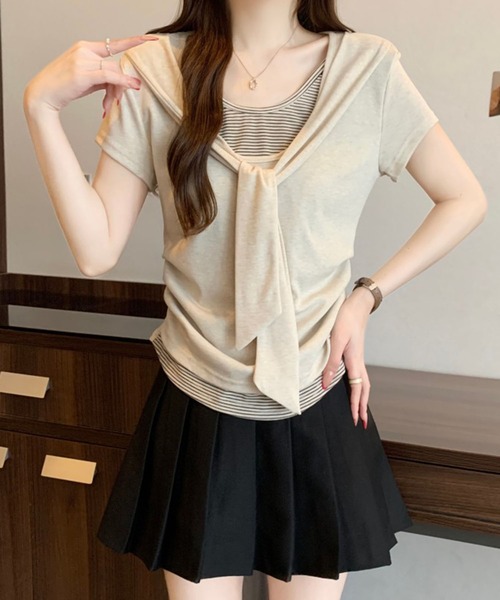 Girly Doll（ガーリードール）の「ショール風フェイクツーピースカットソー（Tシャツ/カットソー・レディース・ベージュ/ダークグレー・M/L）」の15枚目の写真